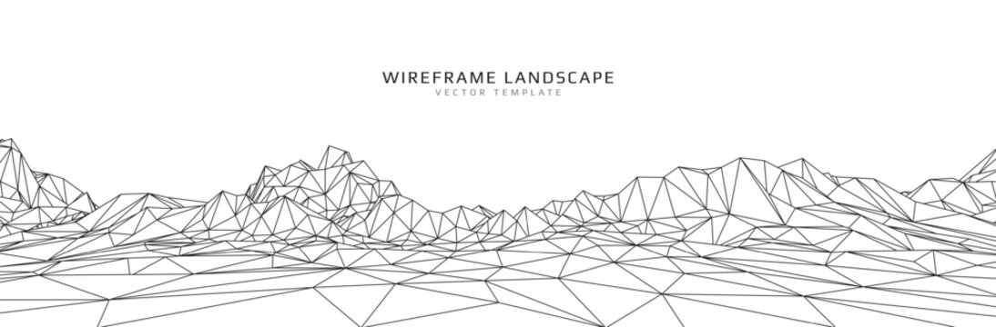 Wireframe landscape. Futuristic 3d mesh background. Digital polygonal hills technology. Vector illustration.