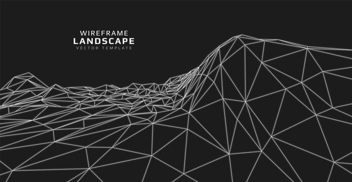 Wireframe landscape. Futuristic 3d mesh background. Digital polygonal hills technology. Vector illustration.