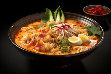Laksa is a spicy noodle dish popular in Southeast Asia. Laksa consists of various types of noodles, most commonly thick rice noodles, with toppings such as chicken, prawn or fish.