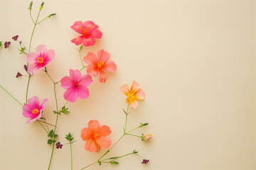 Colorful and beautiful flowers isolated in minimalist copy space cream color background, abstract flowers wallpaper concept banner, Beautiful flowers with empty space for text, colorful spring flowers