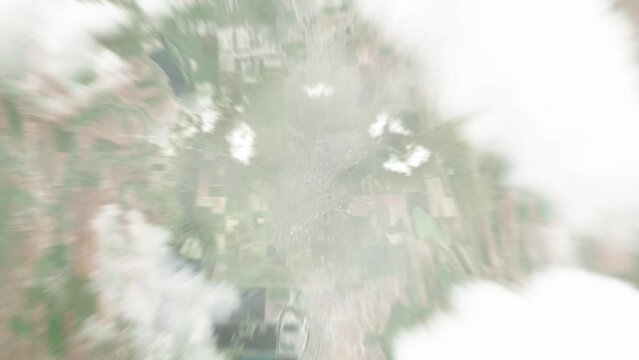 Earth zoom in from space to Cahul, Moldova. Followed by zoom out through clouds and atmosphere into space. Satellite view. Travel intro. Images from NASA