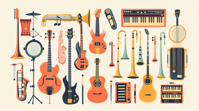 Abstract illustration of various musical instruments, vector art
