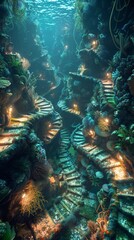 Underwater light labyrinth glowing algae