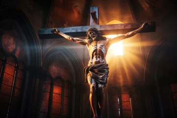 Foto op Canvas crucifix, jesus on the cross in church with ray of light from stained glass - generative ai © Nia™