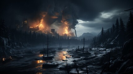 Intense Forest Fire by River