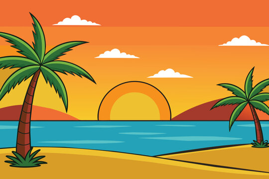 summer background with sunset and palm trees