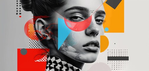Woman Fashion. Artistic Fusion: Black Ink Splatters on Monochrome and Colorful Geometry