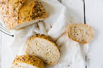 Sliced bread on white countertop