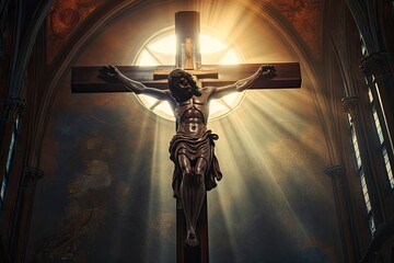 crucifix, jesus on the cross in church with ray of light from stained glass - generative ai
