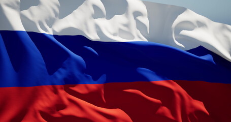 Close-up of the national flag of Russian federation flutters in the wind on a sunny day