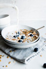 Granola and blueberries with milk for breakfast