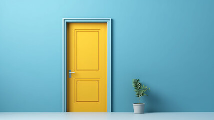 yellow door on a blue background abstract interior. - obrazy, fototapety, plakaty
