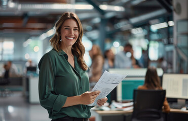 smiling businesswoman holding a paper in her hand while standing near a computer and a group of people working at an office