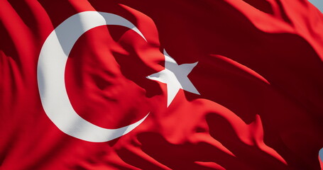 Close-up of the national flag of Turkey flutters in the wind on a sunny day