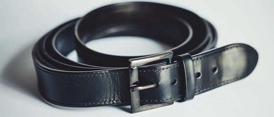 Simple black leather belt with silver buckle, laid flat on a white background. Classic style.