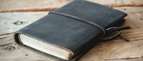 A sleek black leather journal with crisp, empty pages waiting to be filled with thoughts. - obrazy, fototapety, plakaty