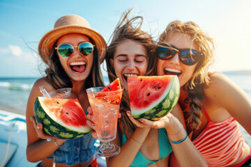 Young friends having fun together and drinking coctails on the beach by sea in summer, watermelon fruit party concept