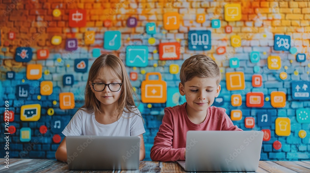 Wall mural two children, a boy and a girl, sitting at laptops and studying, online school, online courses, prog