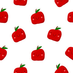 Cute Seamless Pattern with Red Apples with Green Leaves. Repeatable Print with Happy Apples Isolated on a White Background. Funny Fruit Print Perfect for Pattern, Fabric. Endless Nursery Art.