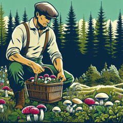 A man picking mushrooms in forest, retro style, vintage poster - 762279187