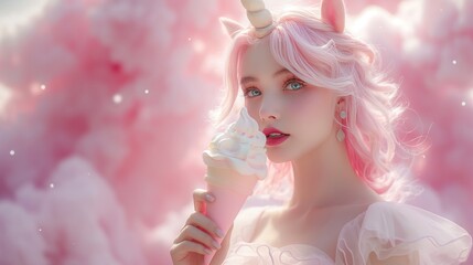 A beautiful fairy-tale unicorn girl with pink hair eats ice cream in a fairy-tale dreamy land of dreams and clouds from fantasy, fairy princess