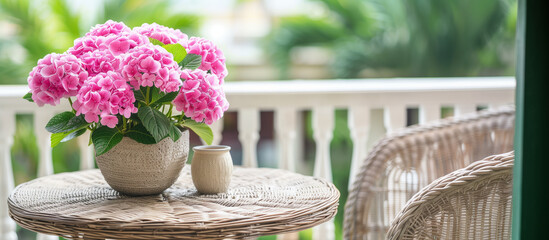 Pink hydrangeas placed in a textured vase on a wicker table, accompanied by an elegant ceramic jug. The setting is a well-lit balcony adorned with comfortable wicker chairs