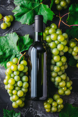Bottle of wine surrounded by lush green grapes and leaves on a dark textured surface. The image exudes freshness and is perfect for showcasing wine, vineyards, or the winemaking process.