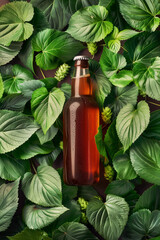 Single, dew-kissed bottle of beer nestled amidst lush green hops leaves, showcasing the raw ingredients and the finished product in one frame
