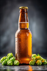 Beer bottle surrounded by vibrant green hops that hint at the beverage’s flavorful origin. The dark, moody background accentuates the golden hue of the beer and green of the hops.