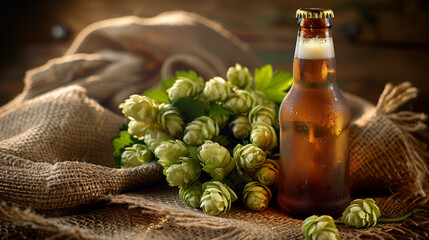 Cold, refreshing beer bottle, glistening with condensation, is surrounded by fresh green hops against a dark, moody background.