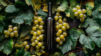 Bottle of wine elegantly placed amidst lush green grape leaves and clusters of ripe, juicy grapes - obrazy, fototapety, plakaty