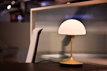 TW - 03.16.24: A close-up of a table lamp. Table lamps set the mood in exhibition halls, enhancing displays and welcoming customers. Choose lamps that match your booth's theme for the right atmosphere