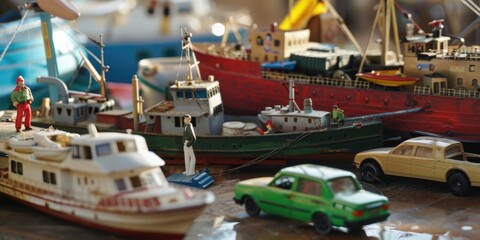 Fototapeta na wymiar A group of vintage metal toy boats and cars are displayed on a table. The collection includes ships, trains, and figures in various sizes and colors, creating a playful scene.