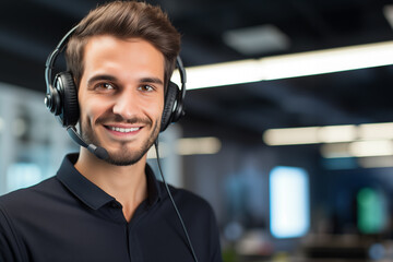 A helpdesk teleoperator wearing a dark polo shirt with space to insert text - 762279978