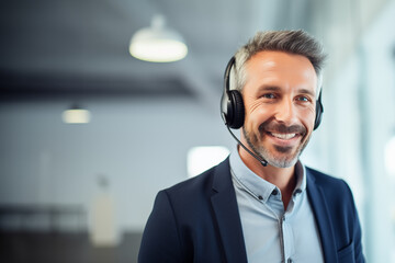 A technical service teleoperator with headset and microphone dressed elegantly in a shirt and jacket in an office - 762279982