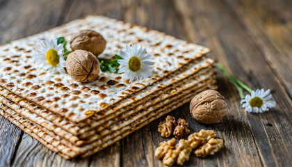 Fototapeta na wymiar Matzah and walnut on Table, Jewish Passover Celebration Concept