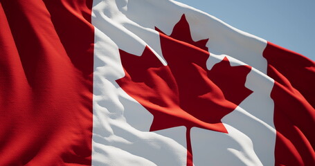 Close-up of the national flag of Canada flutters in the wind on a sunny day