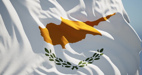 Close-up of the national flag of Cyprus flutters in the wind on a sunny day