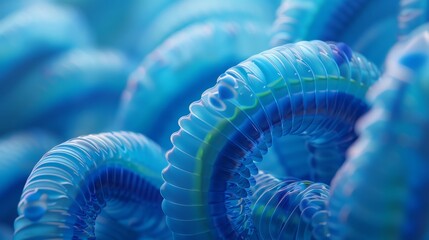 Close-up of superworms transforming plastic into hope, beside blue polypropylene pillars, against a minimal blue backdrop - obrazy, fototapety, plakaty