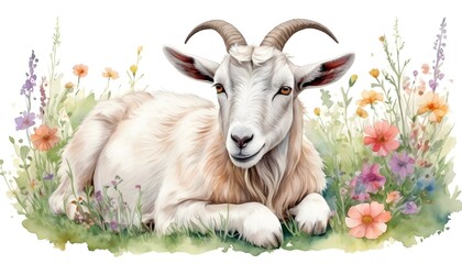 A Curled up goat in a floral meadow water color drawing vibrant colors on isolated white background
