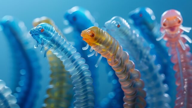 Close-up of superworms transforming plastic into hope, beside blue polypropylene pillars, against a minimal blue backdrop, Surealistic, fantasy