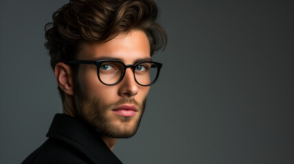 Obraz premium A man with glasses and a beard is standing in front of a gray background with copy space.