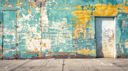 Peeling turquoise and yellow paint on urban wall with door and graffiti. Textured background with...