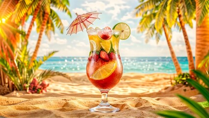 Refreshing Summer Drink Close-Up on Beach Glass Shot