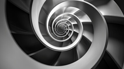 "Architectural spiral staircase in grayscale. Close-up shot with a perspective view. Modern design concept for print and architectural visualization."