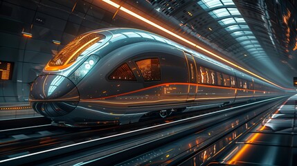 Fototapeta premium Futuristic Train Traveling Through a Train Station