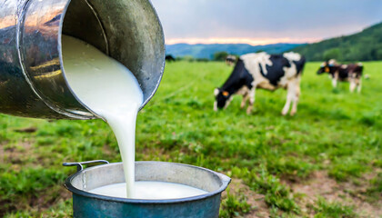 Pouring Milk from Metal Bucket into Pot and Cows grazing on the pasture in the background. Rural Dairy Farm.