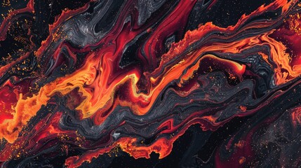 "Dynamic fluid art with swirling red, orange, and black. Abstract painting concept for vibrant background and creative design."