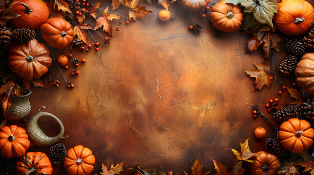 Rustic orange and brown-themed background captures the warmth of Thanksgiving, with bountiful harvest vegetables, rustic cornucopias, and crackling autumn leaves