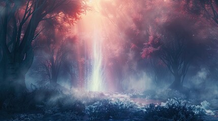 "Fantasy forest with mystical pink fog and sun rays. Enchanted woodland scene for dreamy atmosphere concept. Design for book cover, wallpaper, poster."